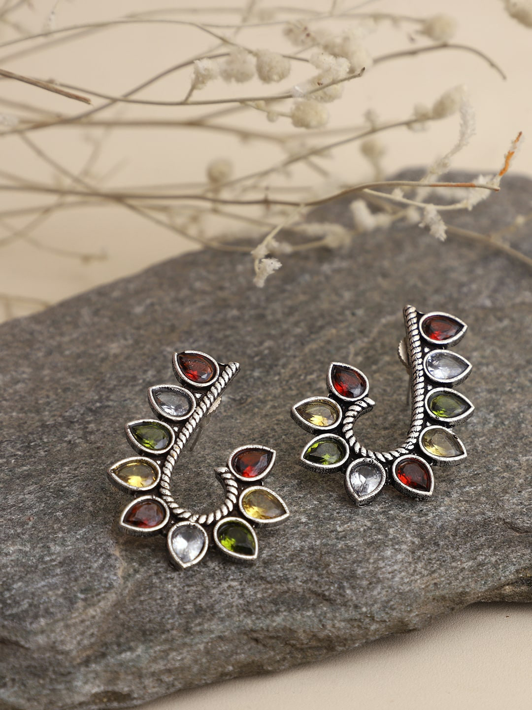 VENI Silver-Toned & Orange Silver Plating Contemporary Studs Earrings
