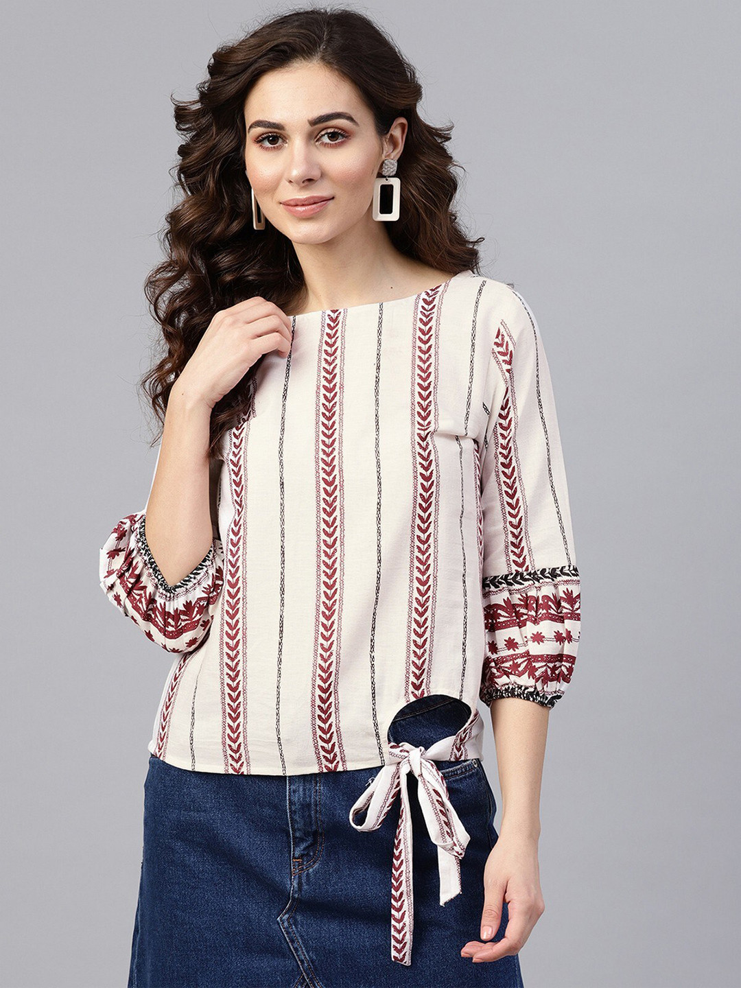 Zima Leto Women Off White Striped Front Knotted Top