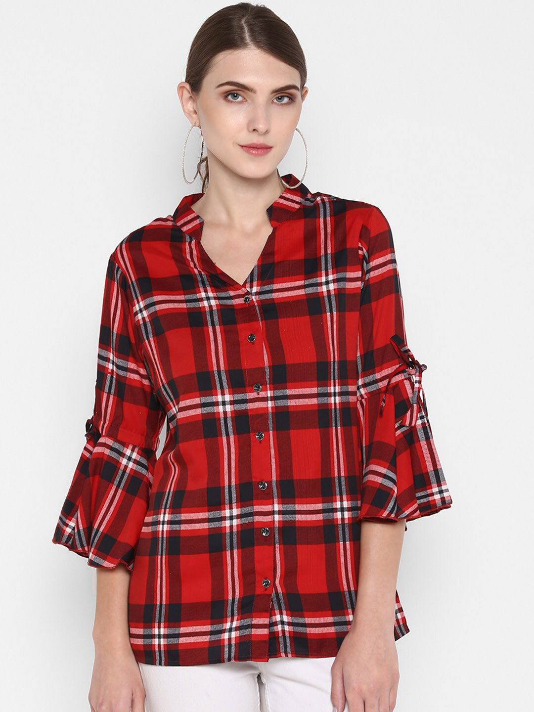 Indietoga Women Red Relaxed Tartan Checked Casual Shirt