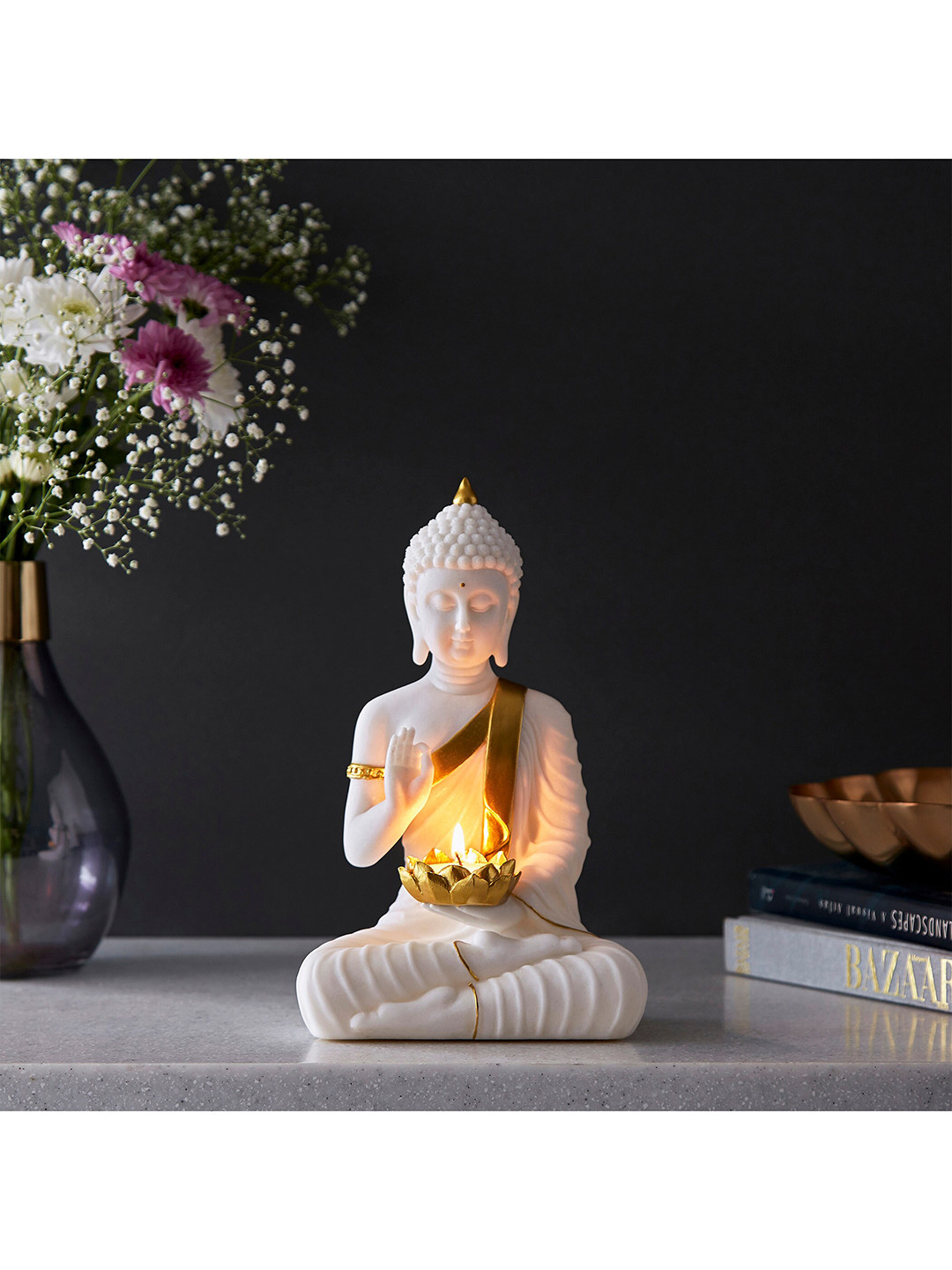 Home Centre Noor Buddha with T-Light Holder White Polyresin Matte Home Office Lights Medium Showpiece - 10.6 Inches