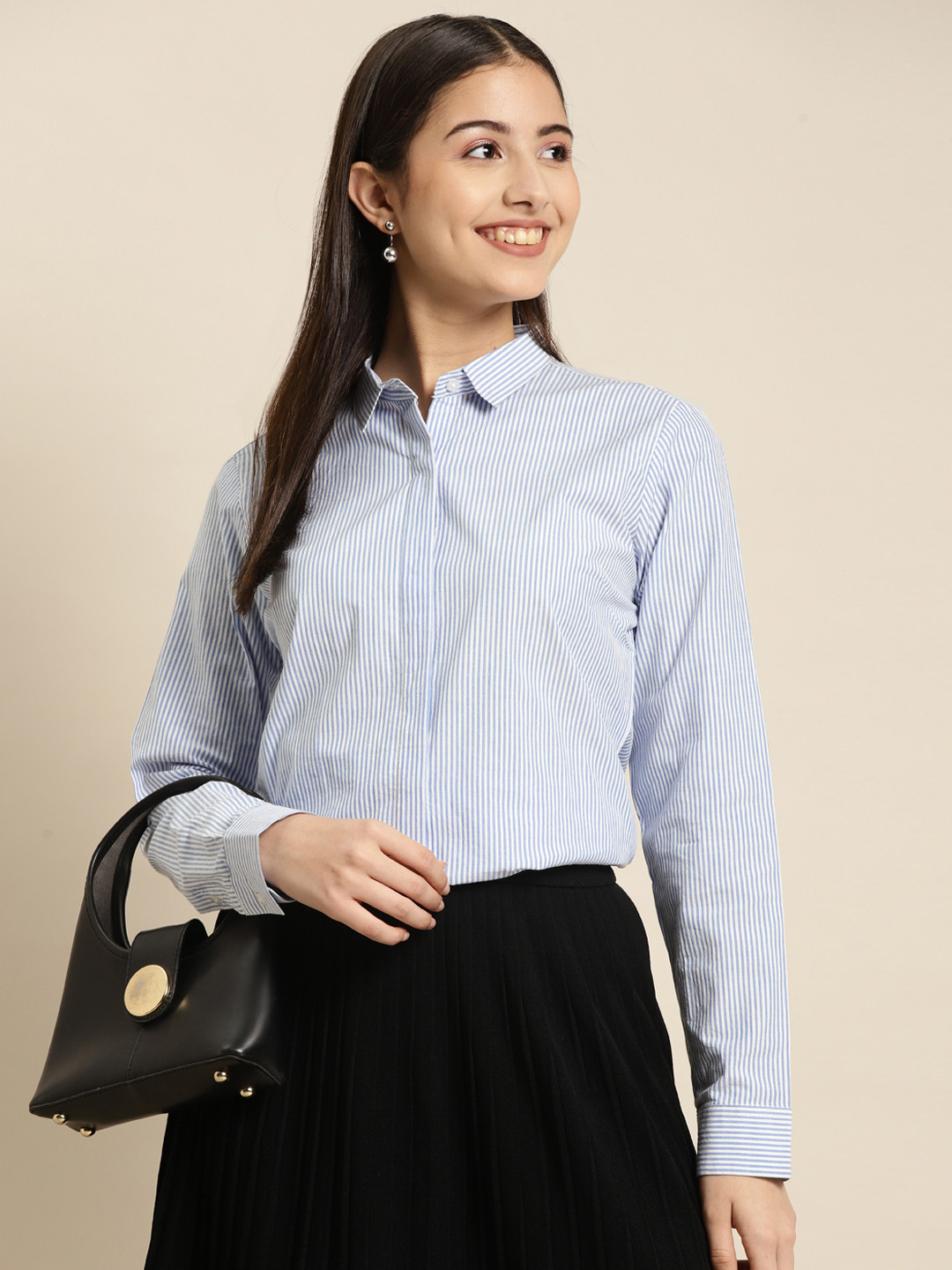 Hancock Women Blue Regular Fit Pinstripes Striped Cotton Formal Shirt