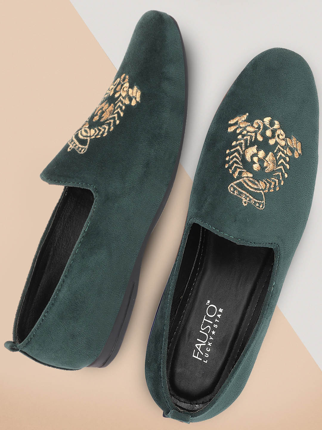 FAUSTO Men Olive Green Woven Design Velvet Slip-On Sneakers