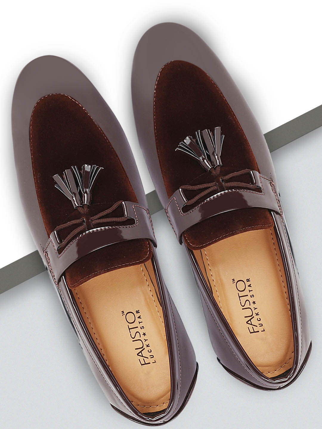 FAUSTO Men's Brown Patent Leather Velvet Stylish Formal Tassel Loafer Shoes