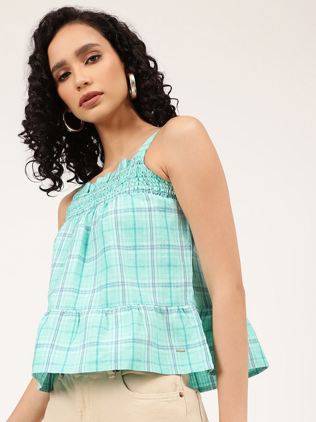 ELLE Women Blue Checked Linen Top
