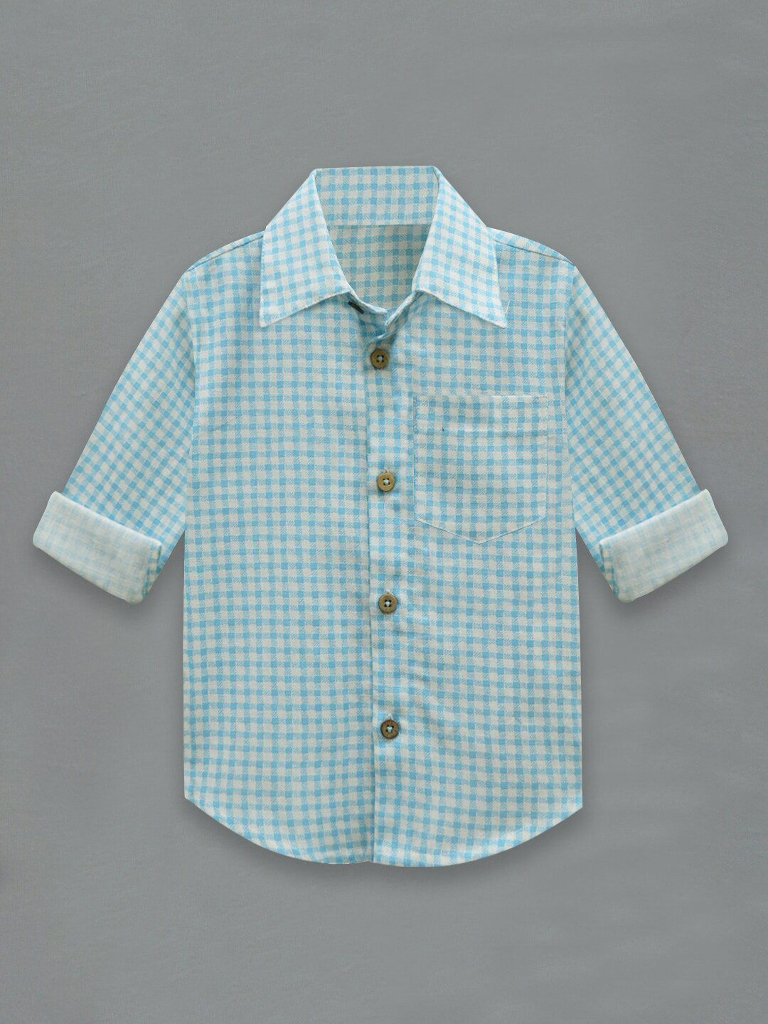 A T U N Boys Turquoise Blue Classic Pure Cotton Checked Casual Shirt