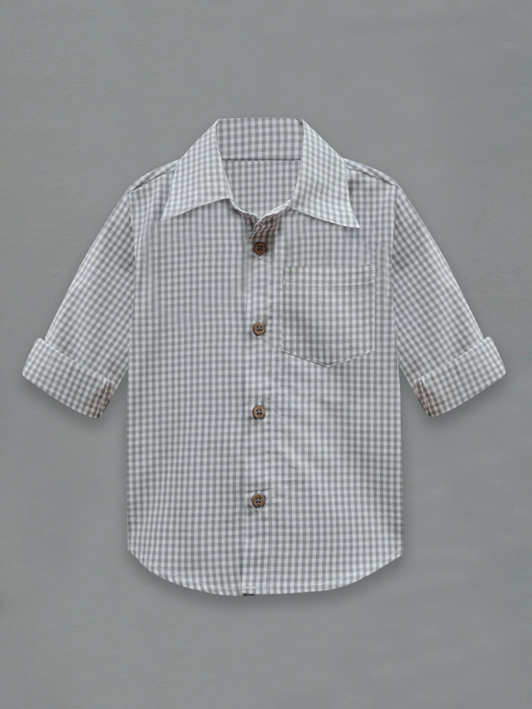 A T U N Boys Grey Classic Gingham Checked Cotton Casual Shirt