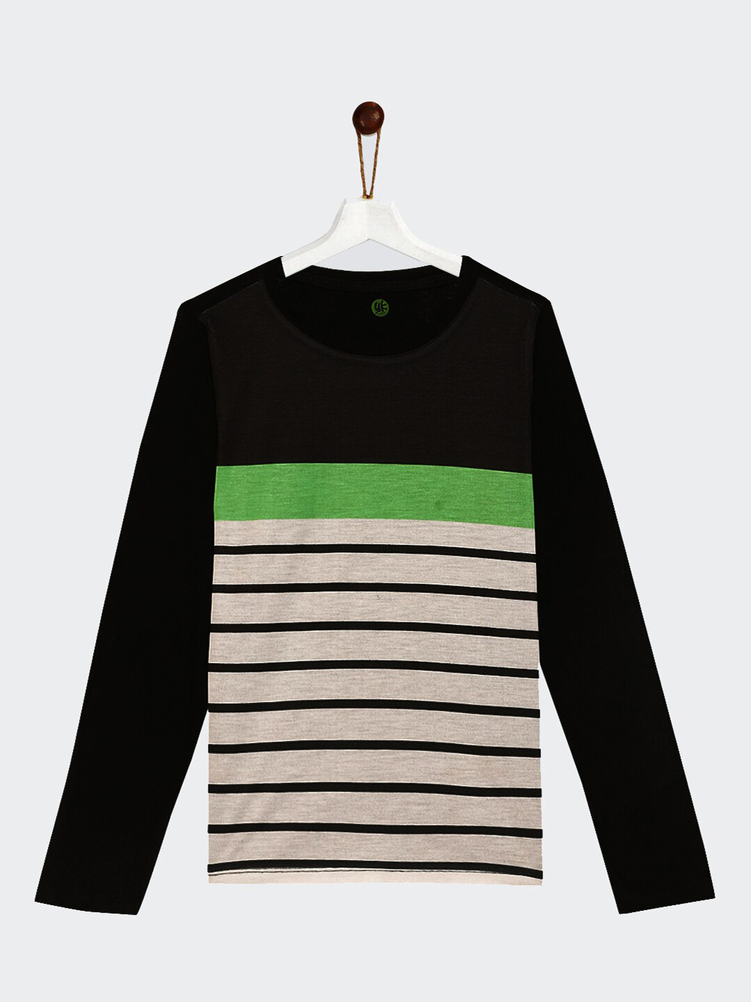 YK Boys Black & Beige Striped Full sleeve Cotton T-shirt