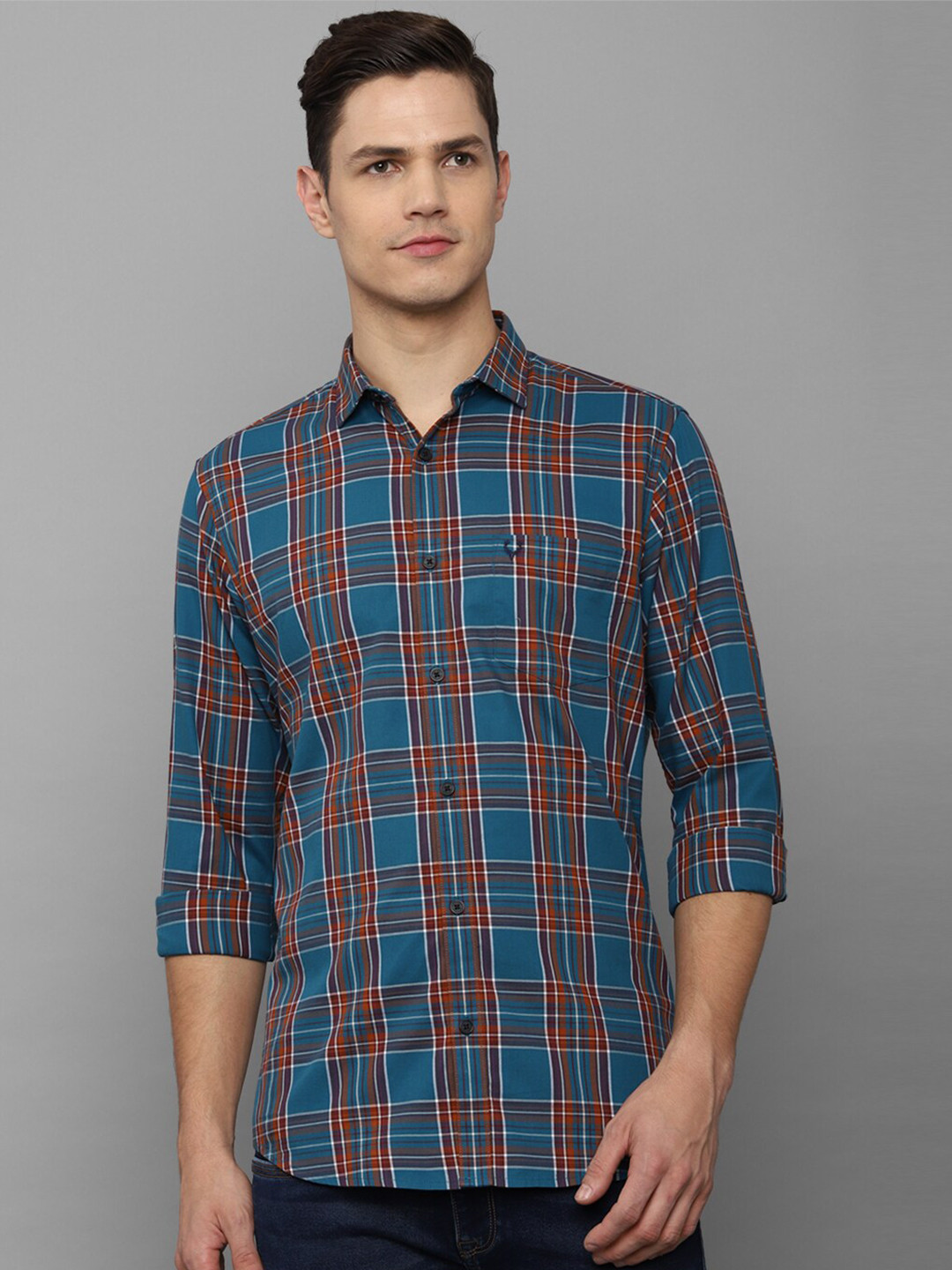 Allen Solly Men Teal  Tartan Checks Checked Cotton Slim Fit Casual Shirt