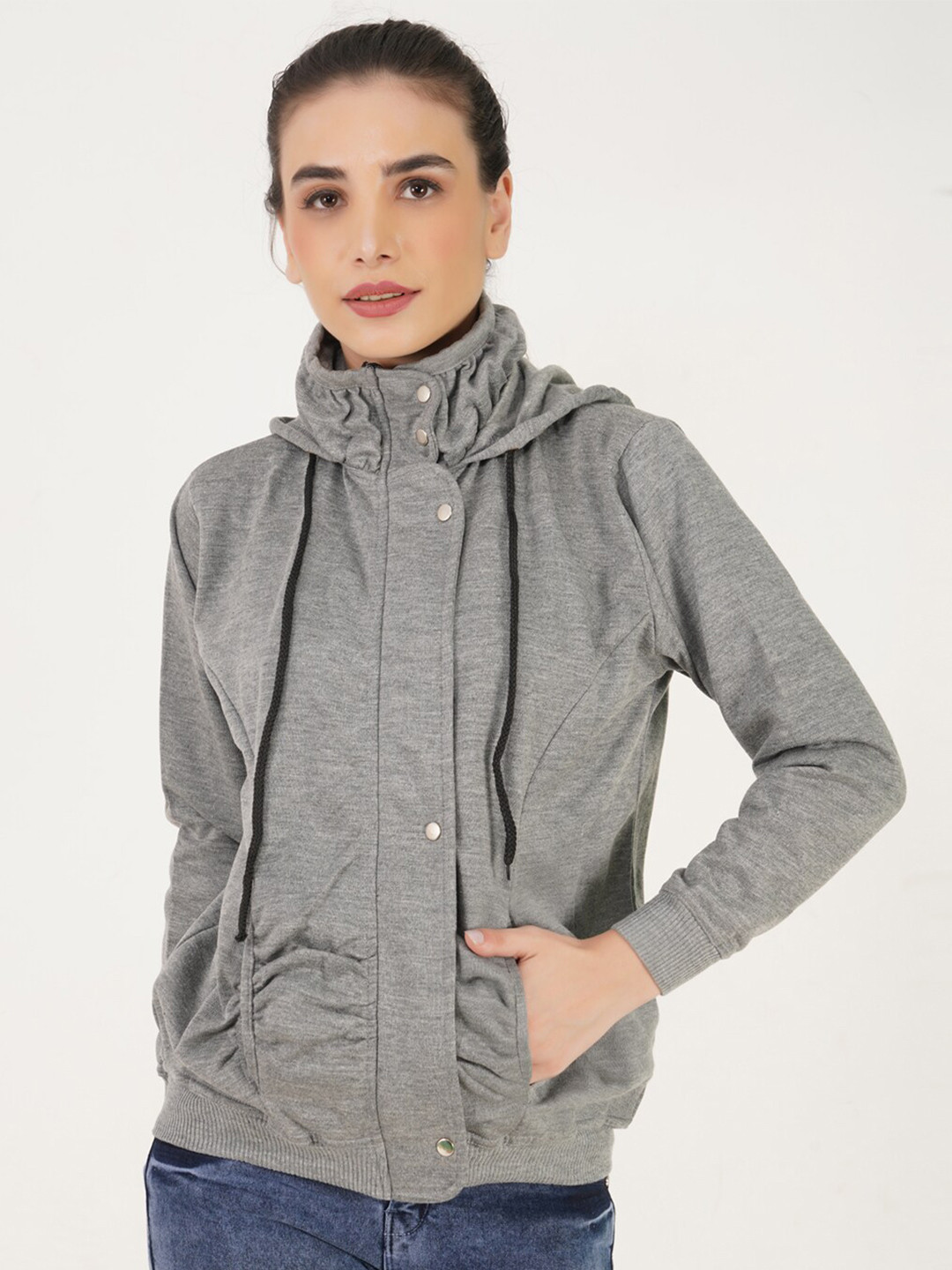 TEEMOODS Women Grey Melange Hooded Sweatshirt