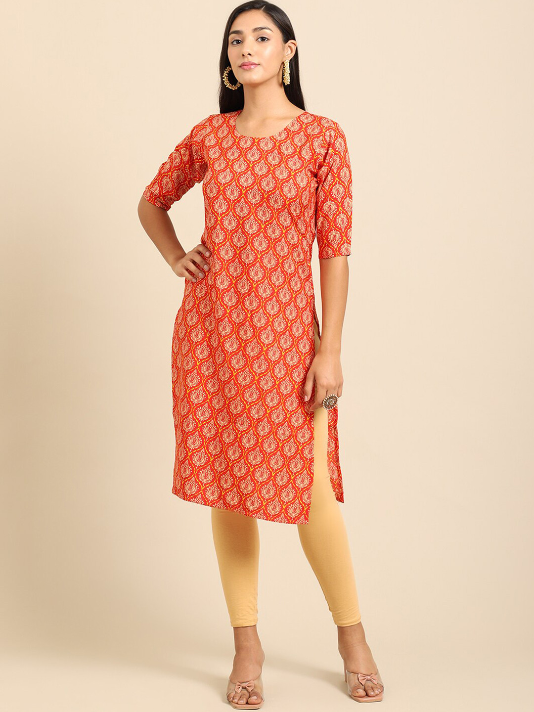 7Threads Women Orange Printed Summer Sheers Crepe Kurta