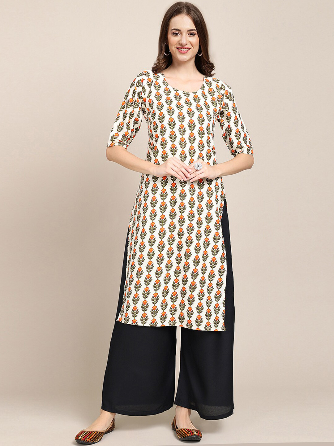 7Threads Women Cream-Coloured & Orange Floral Printed Summer Sheers Crepe Kurta