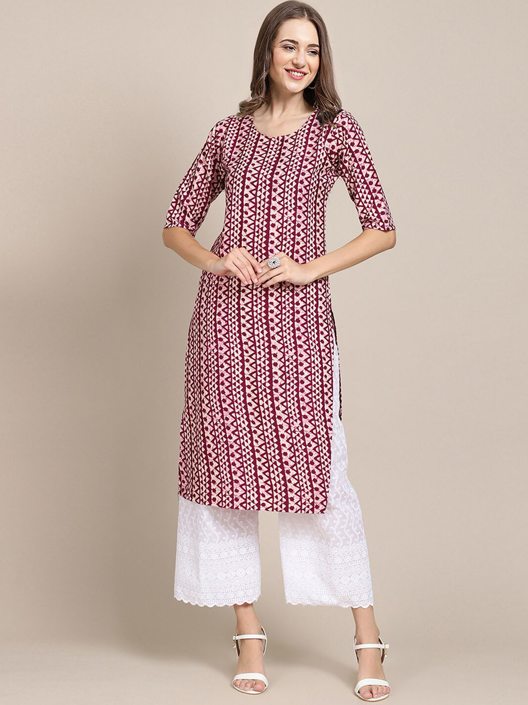 7Threads Women Magenta Geometric Printed Summer Sheers Crepe Kurta