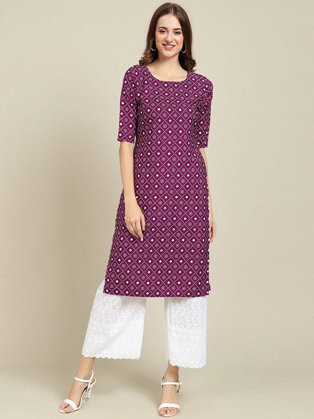 7Threads Women Purple Geometric Printed Summer Sheers Crepe Kurta