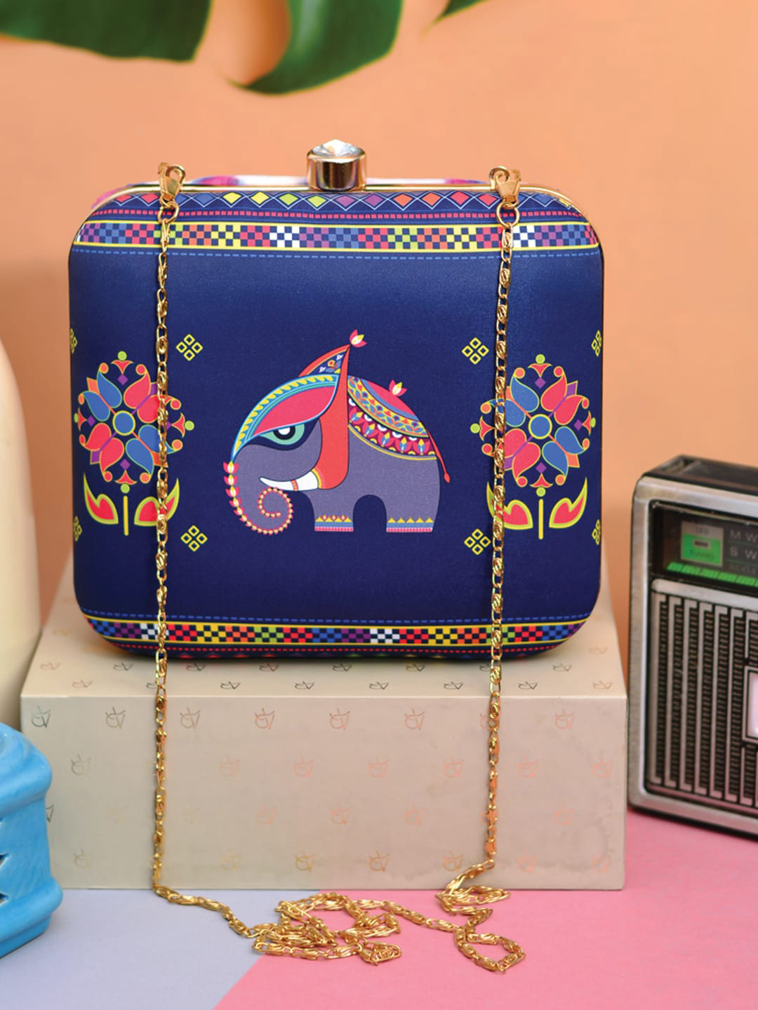 ARTKLIM Women Blue & Coral Printed Box Clutch