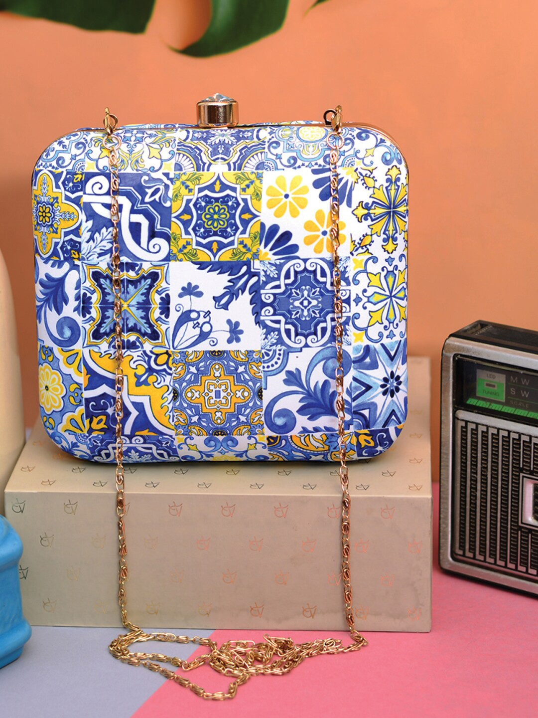 ARTKLIM Blue & White Printed Box Clutch