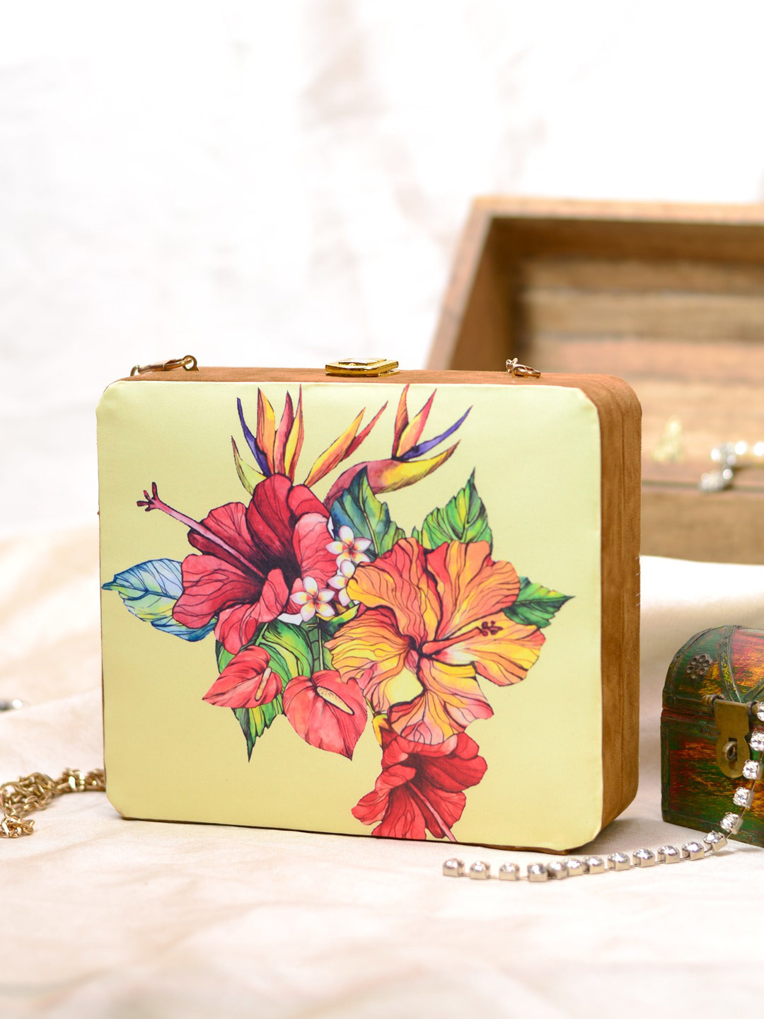 ARTKLIM Lime Green & Blue Printed Box Clutch