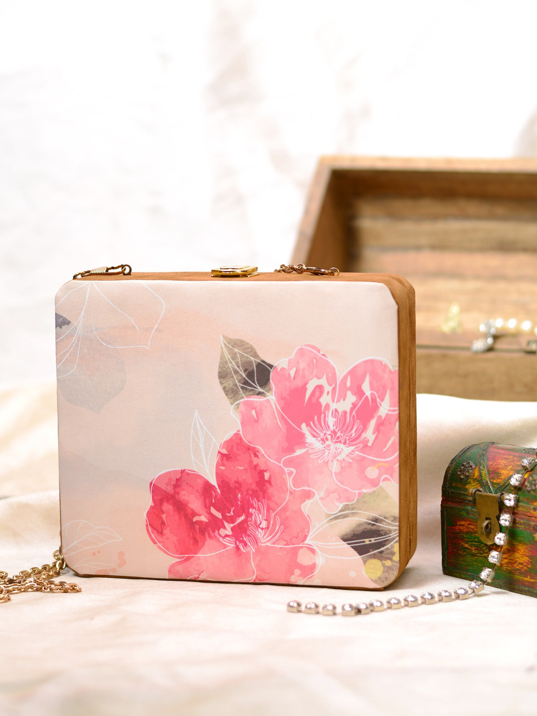 ARTKLIM Cream-Coloured & Pink Printed Box Clutch