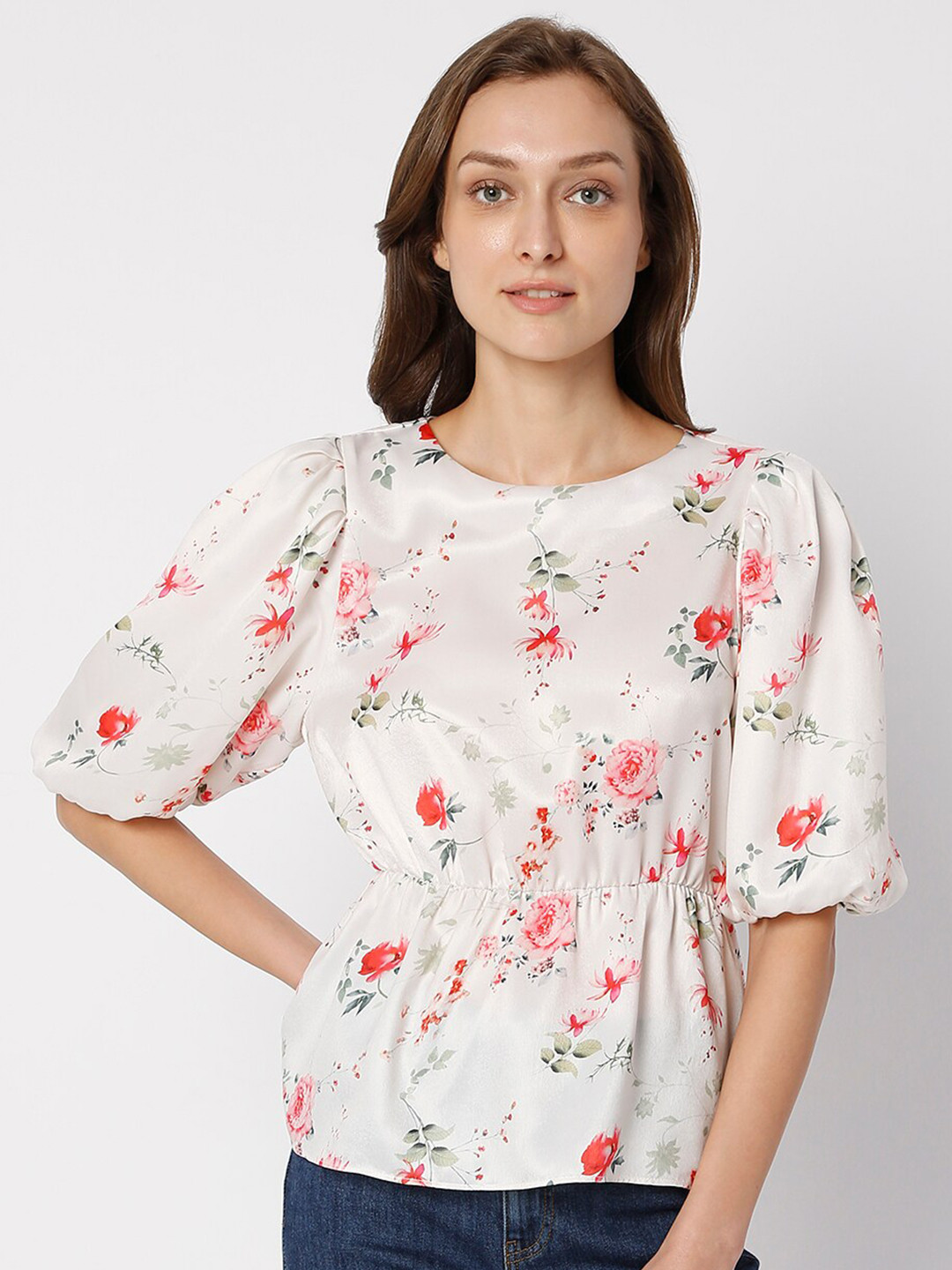 Vero Moda White & Red Floral Printed Top