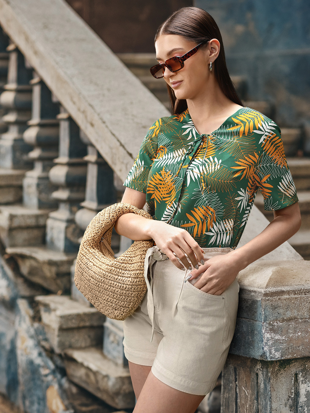 Vero Moda Green & Orange Tropical Print Tie-Up Neck Tropical Shirt Style Top
