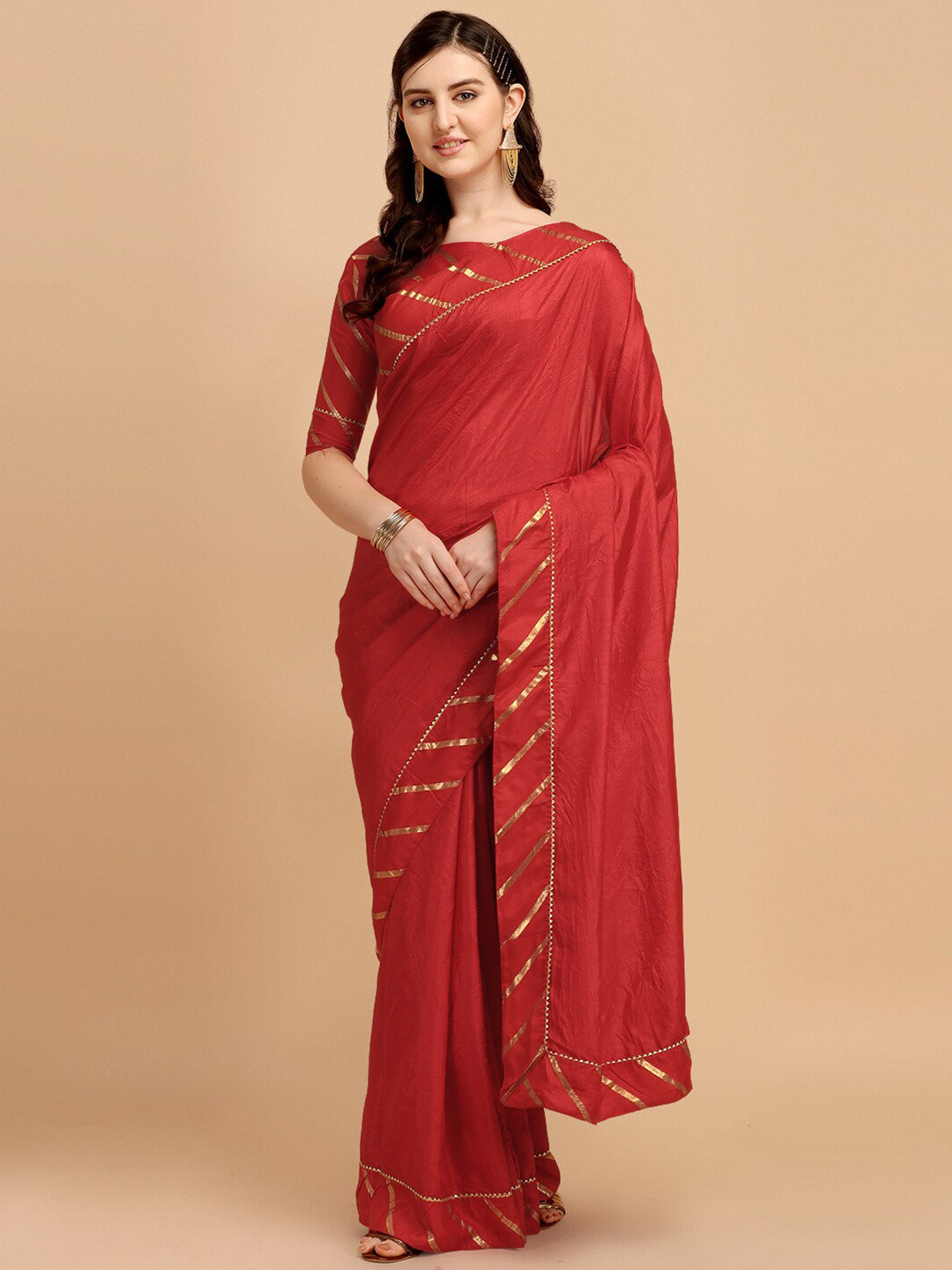 Fab Viva Women Red & Gold-Toned Leheriya Saree
