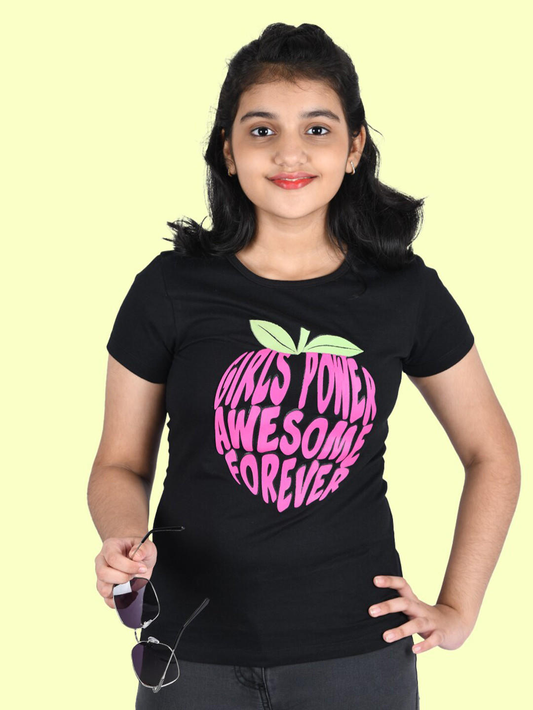 Zalio Girls Black Printed Extended Sleeves Applique T-shirt