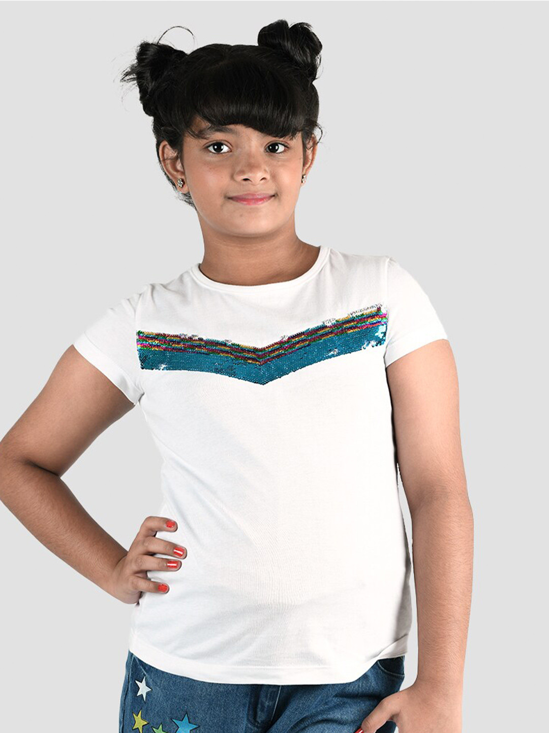 Zalio Girls White & Blue Pure Cotton T-shirt