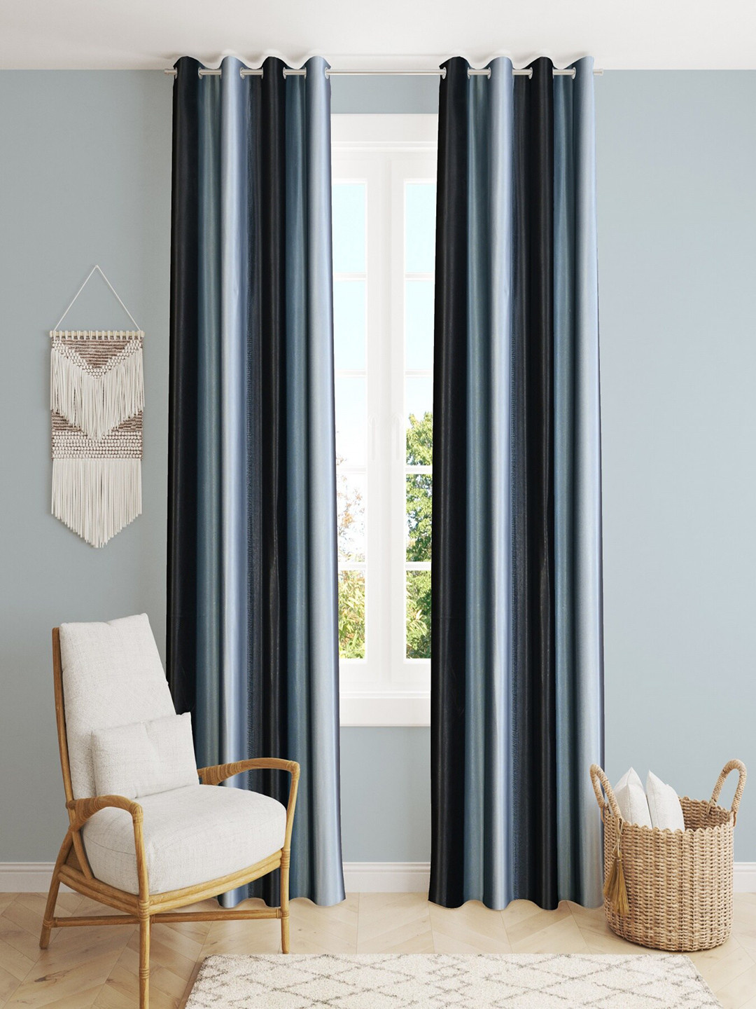 Homefab India Black & Blue Pack of 2 Colourblocked Room Darkening Long Door Curtains