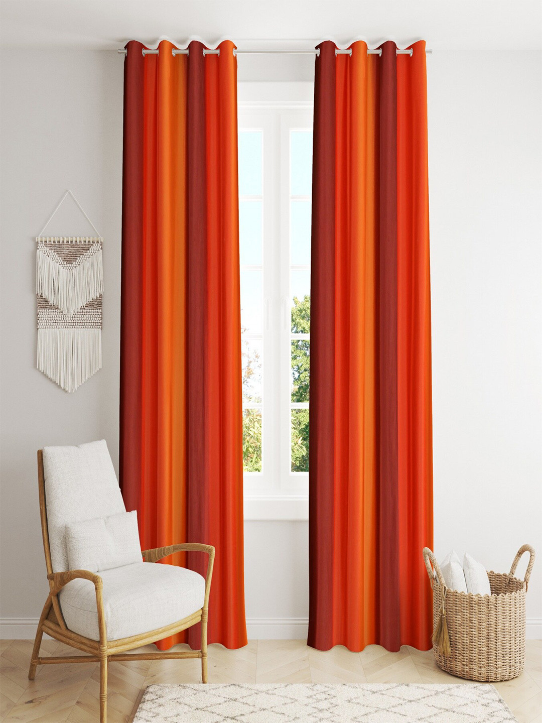 Homefab India Orange & Maroon Pack of 2 Colourblocked Room Darkening Window Curtains