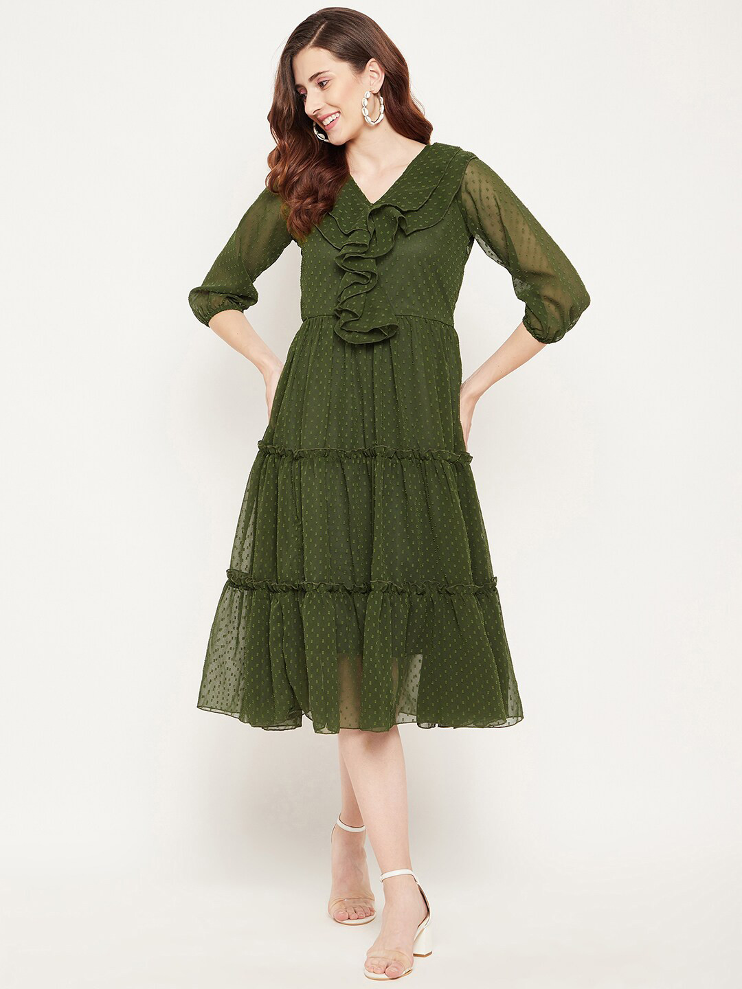 Bitterlime Olive Green Georgette A-Line Midi Dress