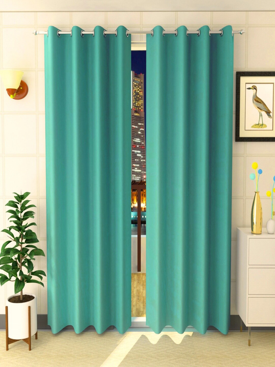 Homefab India  Set of 2 Turquoise Blue Black Out Window Curtain