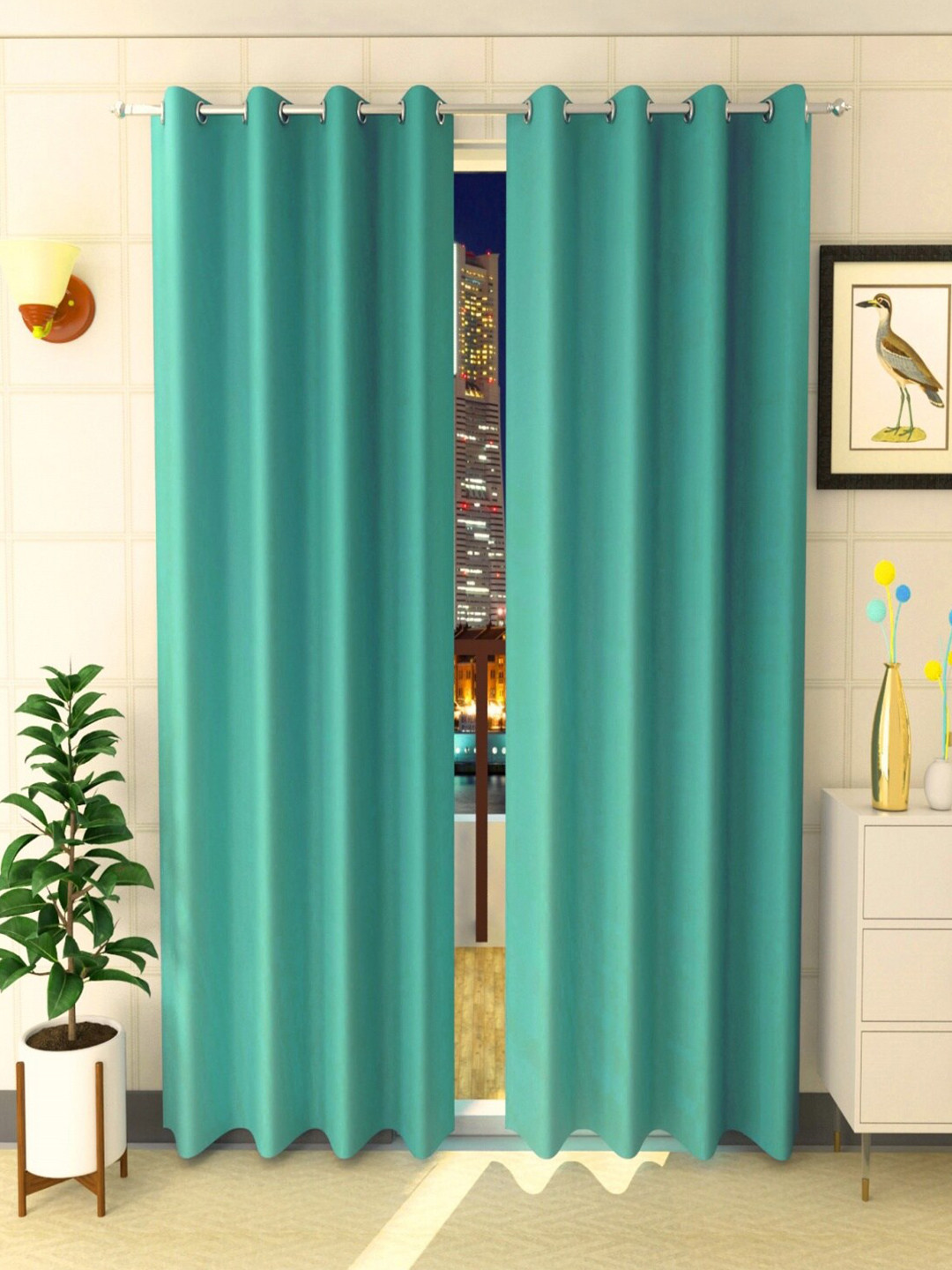 Homefab India Turquoise Blue Pack of 2 Black Out Long Door Curtain