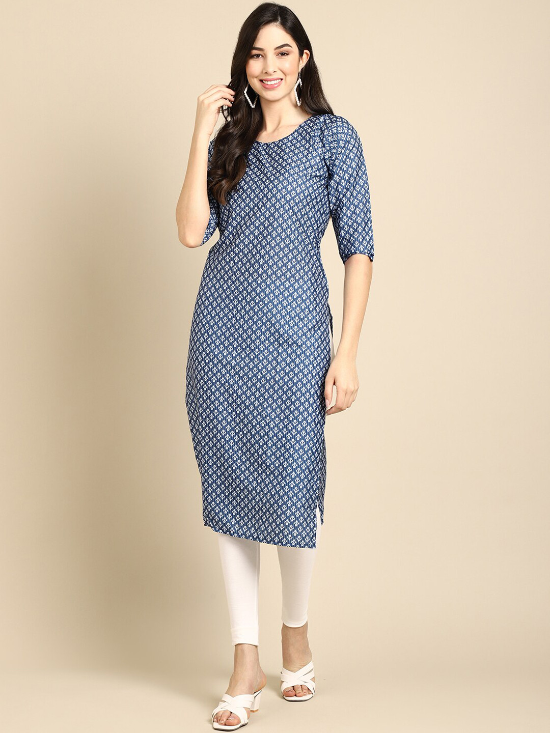 7Threads Women Blue Geometric Striped Summer Sheers Crepe Kurta