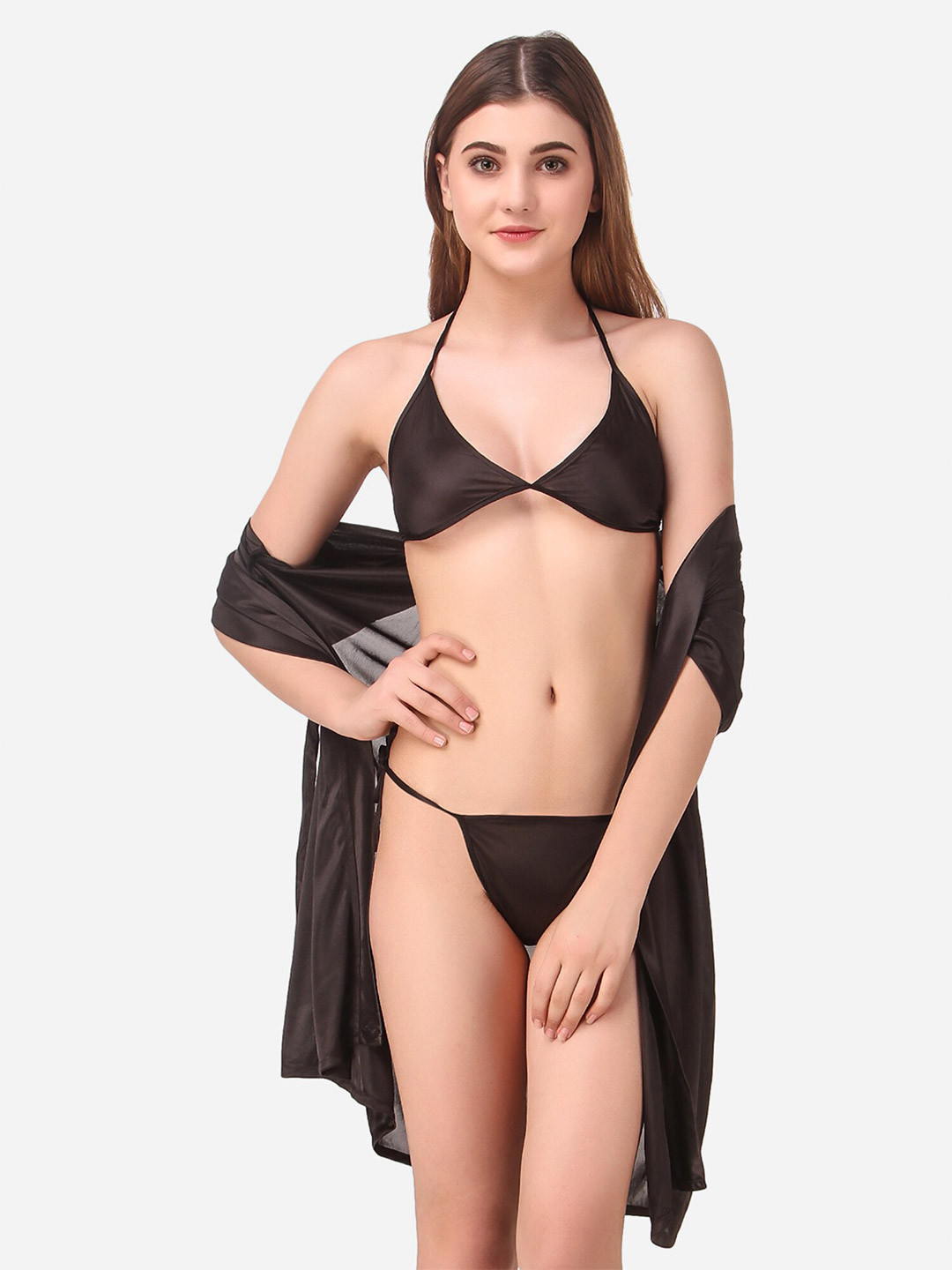 Romaisa Black Solid Satin Above knee length Robe with Bra & Thong