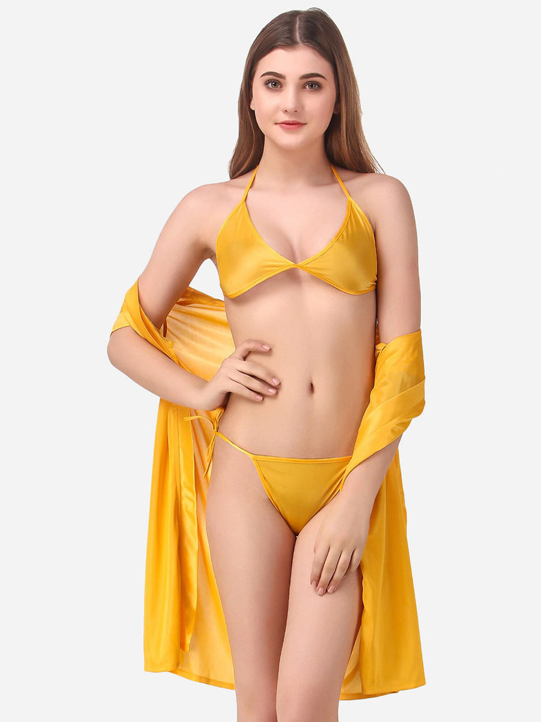 Romaisa Yellow Solid Satin Above knee length Robe with Bra & Thong