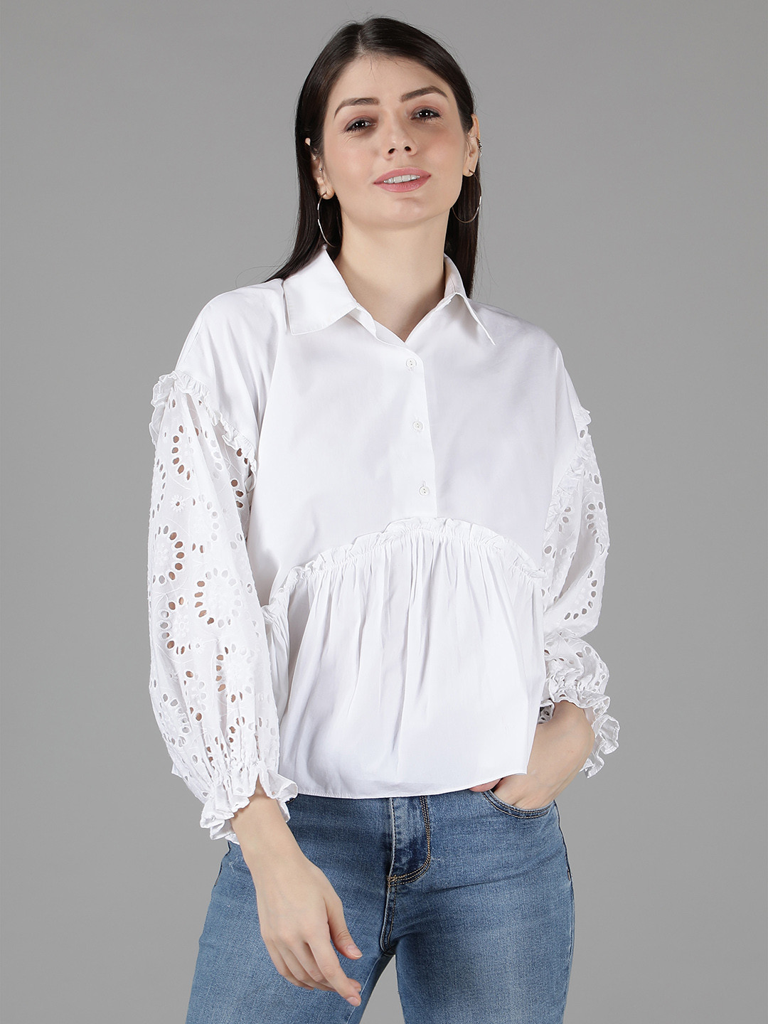Amagyaa White Empire Cuffed Sleeves Pure Cotton Top