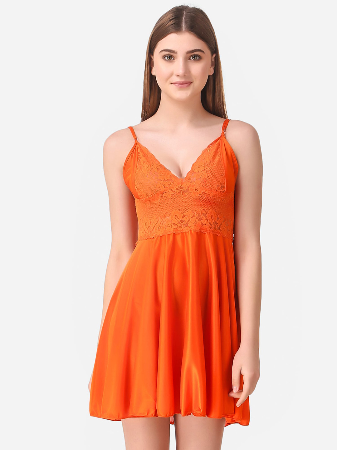 Romaisa Orange Solid Satin Baby Dolls