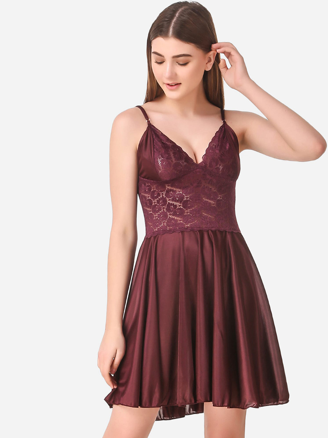Romaisa Women Brown Solid Satin Baby Dolls