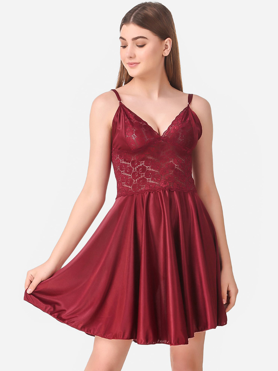 Romaisa Maroon Solid Satin Baby Dolls