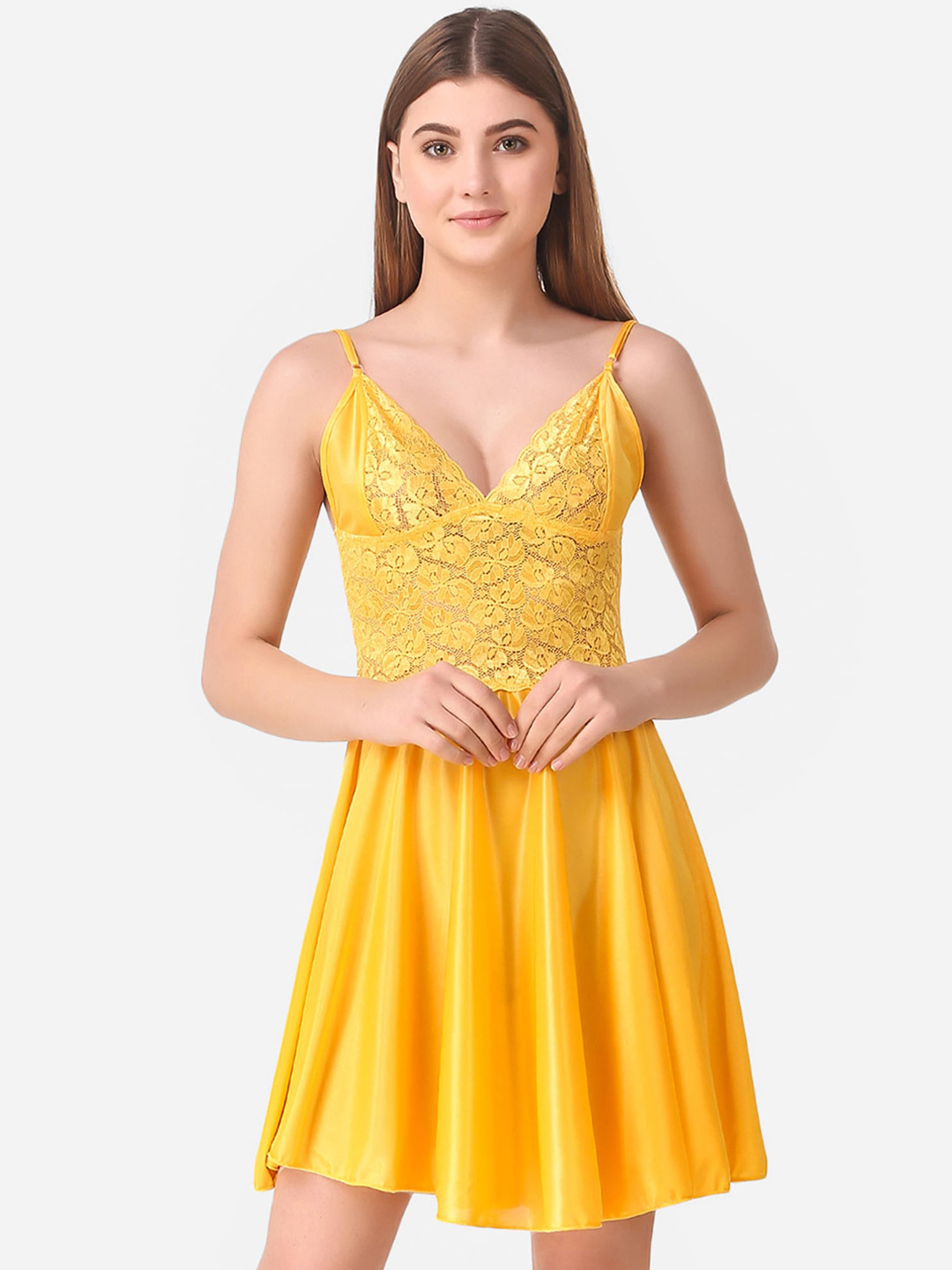 Romaisa Yellow Solid Satin Baby Dolls