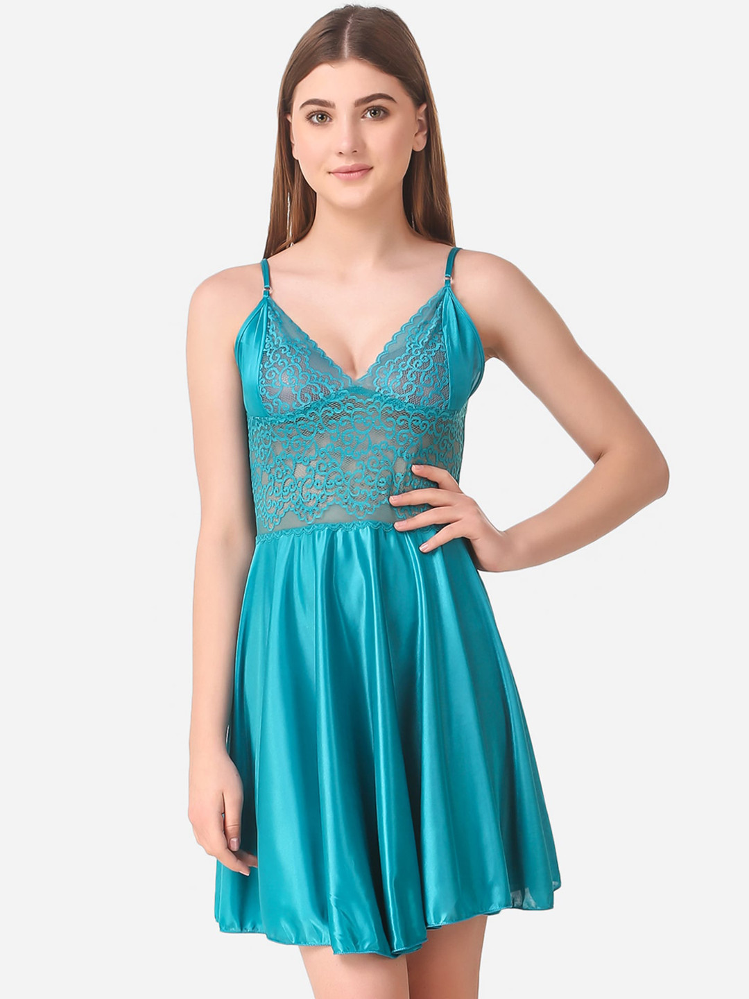 Romaisa Blue Solid Satin Baby Dolls