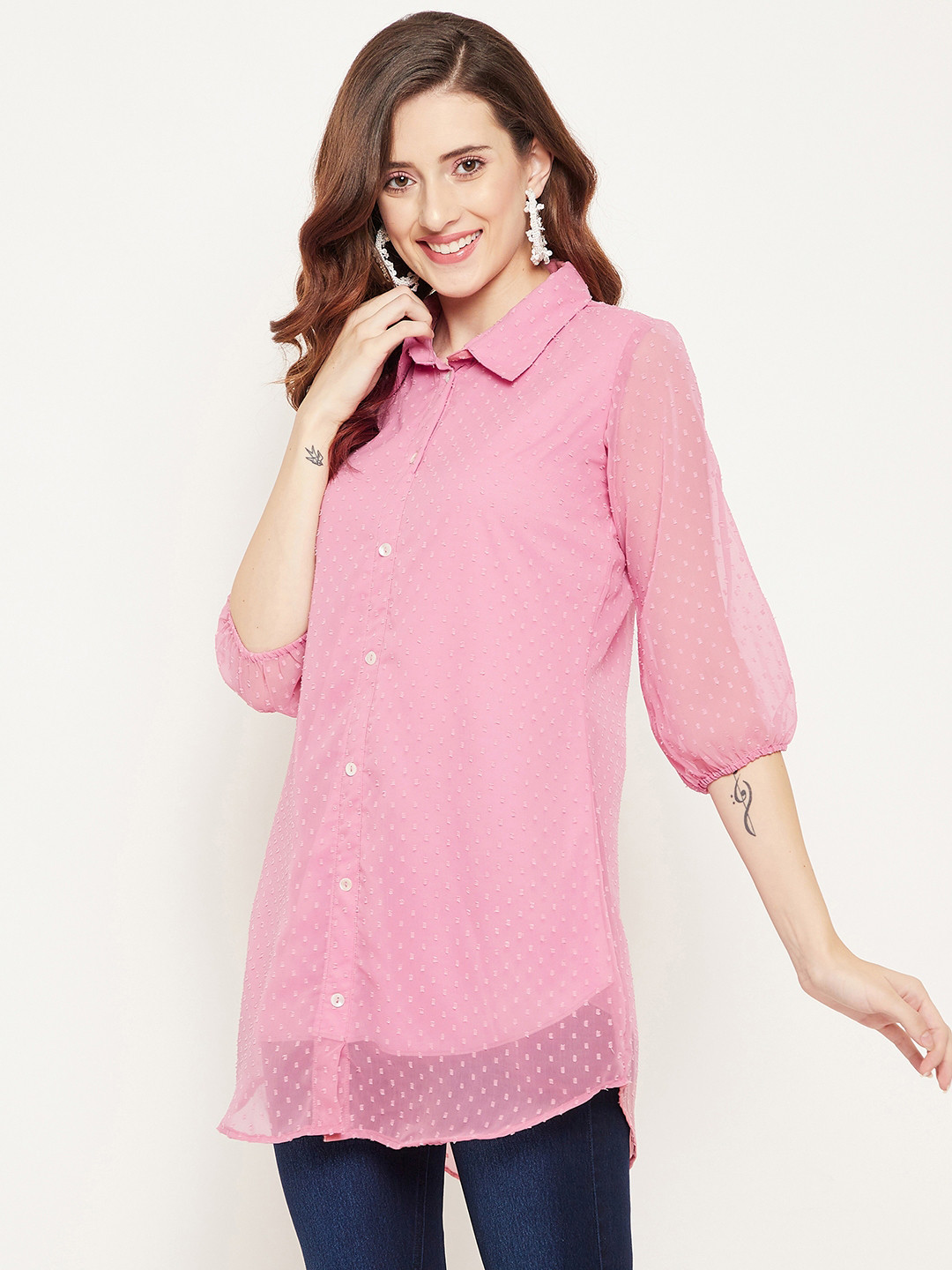Bitterlime Women Rose Shirt Collar Tunic