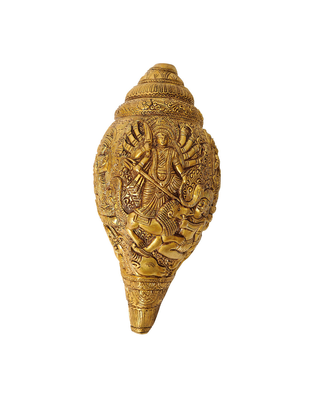 Exotic India Conch with Goddess Durga Brass Antique Spiritual Wall Decor-6.5In