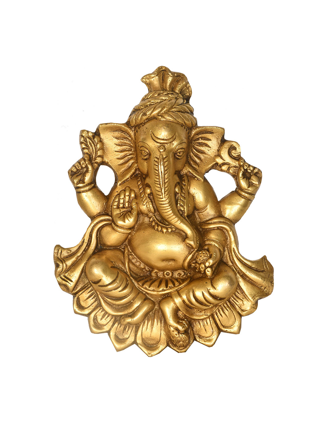 Exotic India Kamalasana Ganesha Brass Floral Antique Pooja Room Spiritual Wall Decor-7.8In