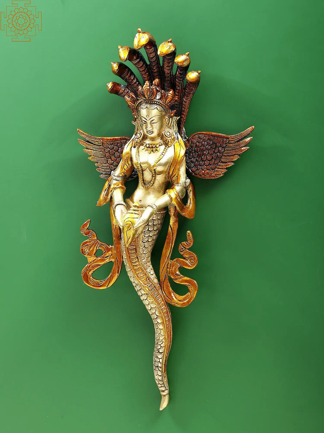 Exotic India Naga Kanya (Snake Woman) Brass Ethnic Motifs Antique Spiritual Wall Decor-3In