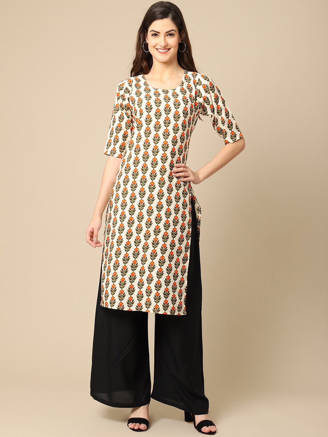 7Threads Women Cream & Orange Floral Printed Summer Sheers Crepe Kurta