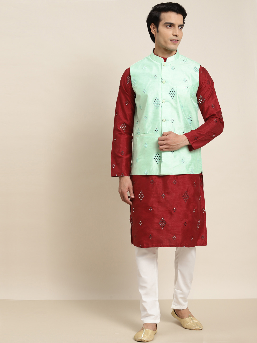 SOJANYA Men Maroon Embroidered Mirror Work Kurta with Pyjamas & Nehru Jacket