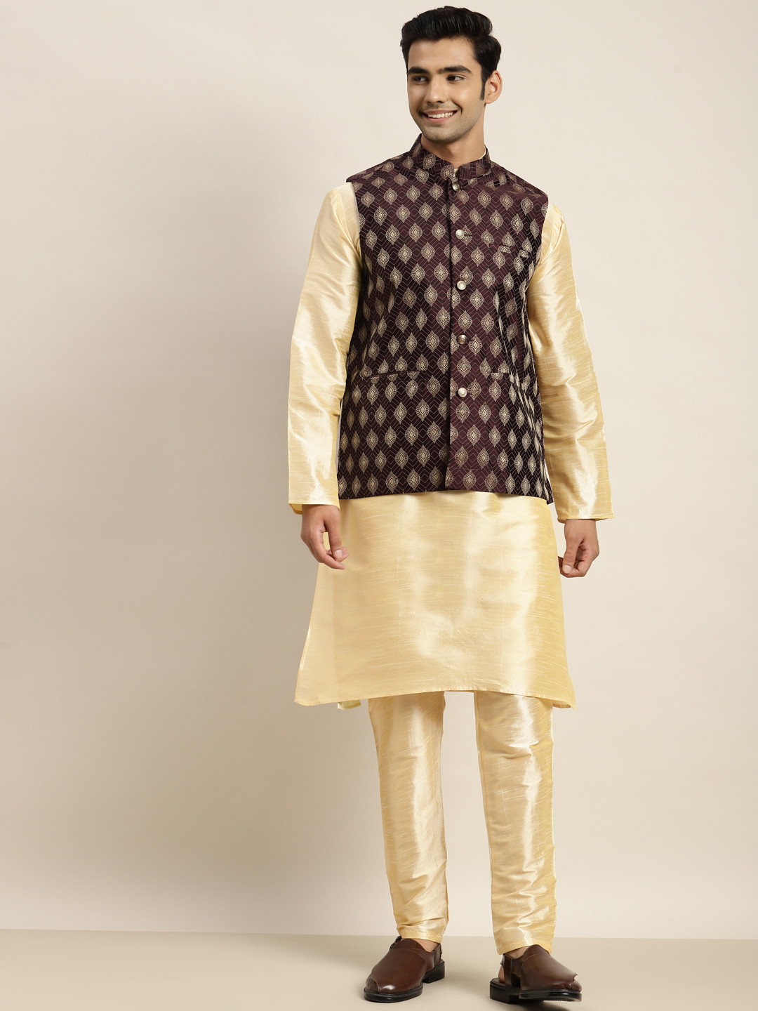 SOJANYA Men Golden Kurta with Pyjamas & Nehru Jacket