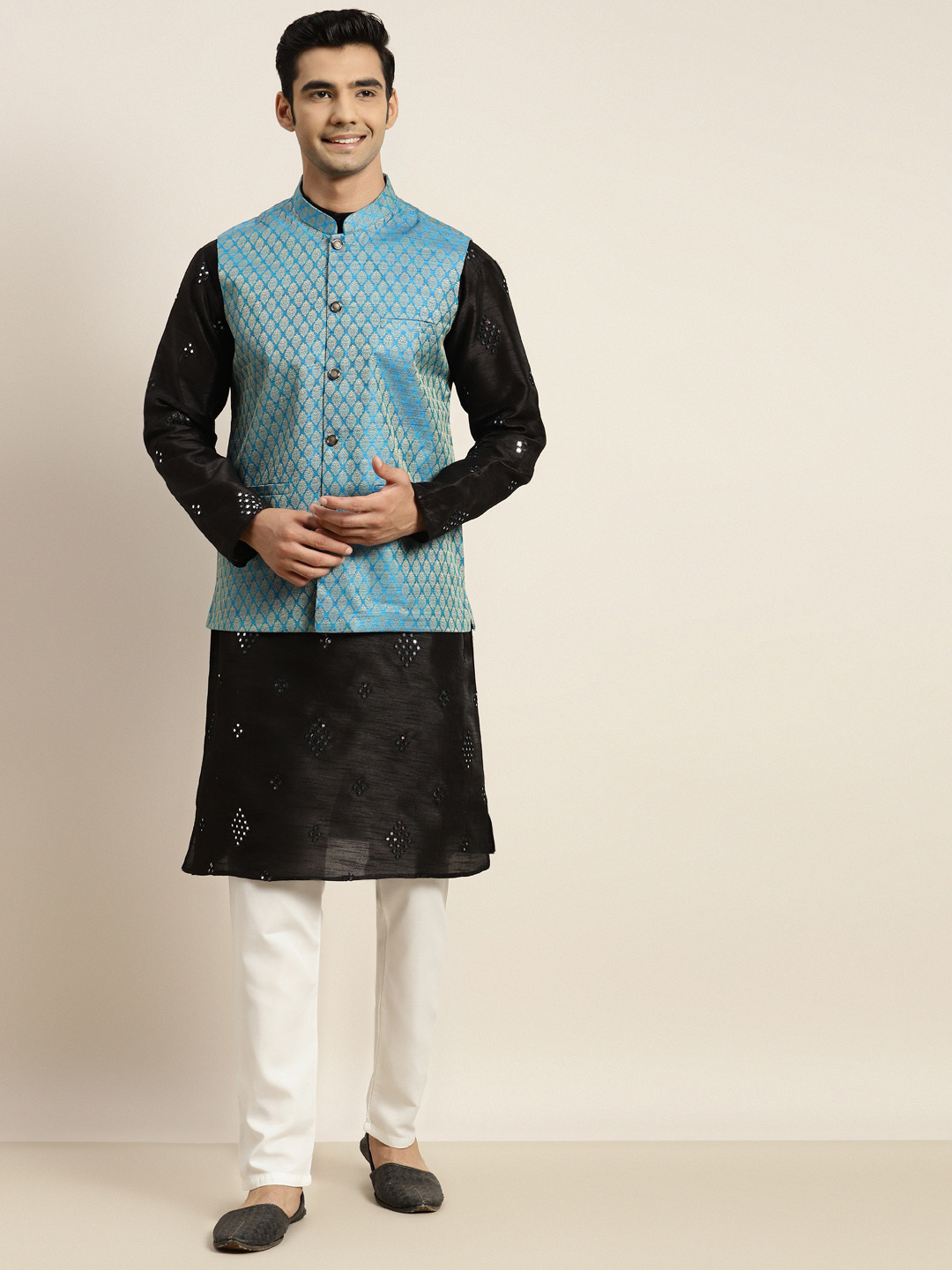 SOJANYA Men Black Mirror Work Kurta with Churidar & Nehru Jacket