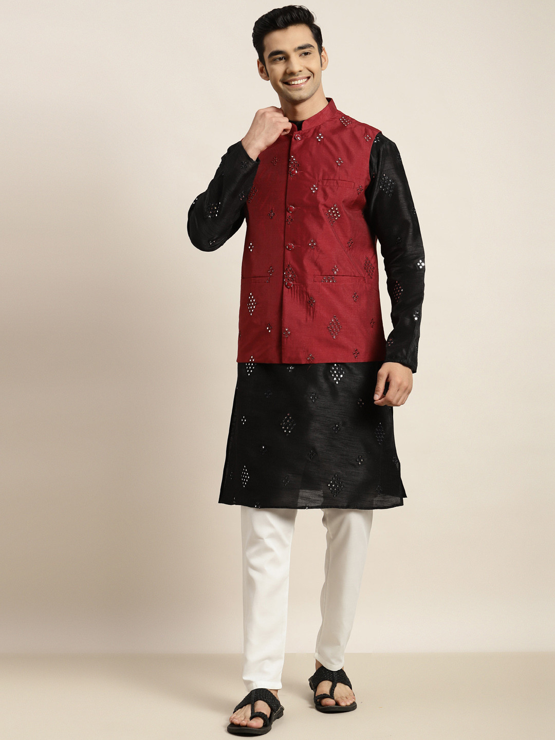 SOJANYA Men Black Mirror Work Kurta with Pyjamas & Nehru Jacket