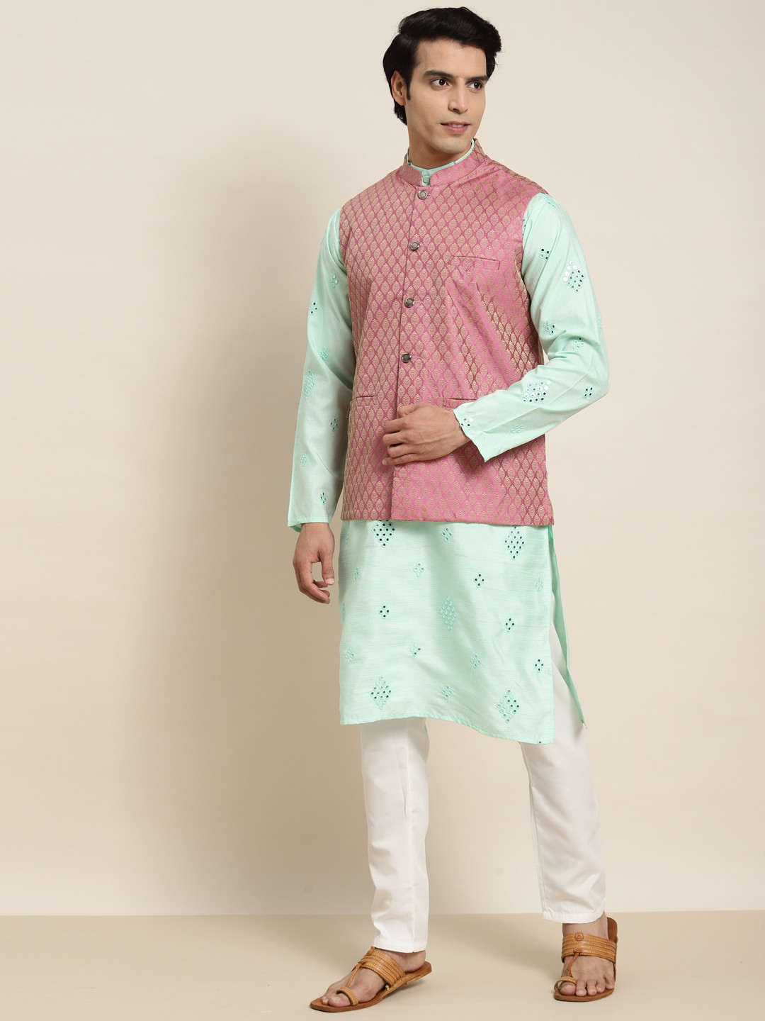 SOJANYA Men Sea Green Ethnic Motifs Embroidered Mirror Work Kurta Pyjamas & Nehru Jacket